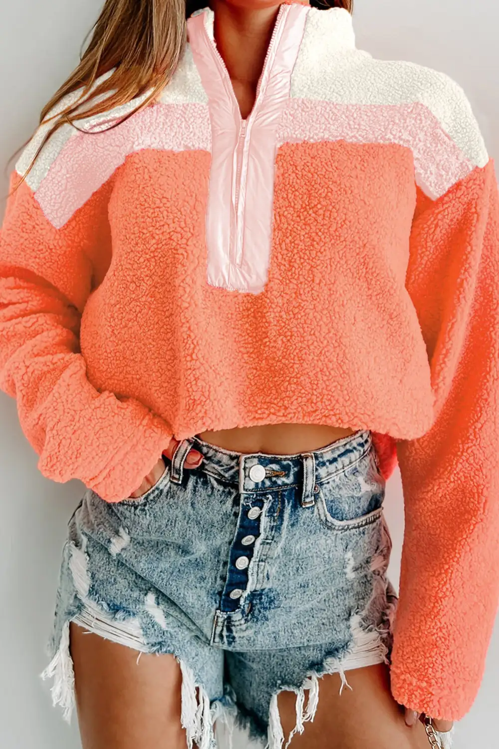 Orange Colorblock Zipper Stand Neck Sherpa Sweatshirt