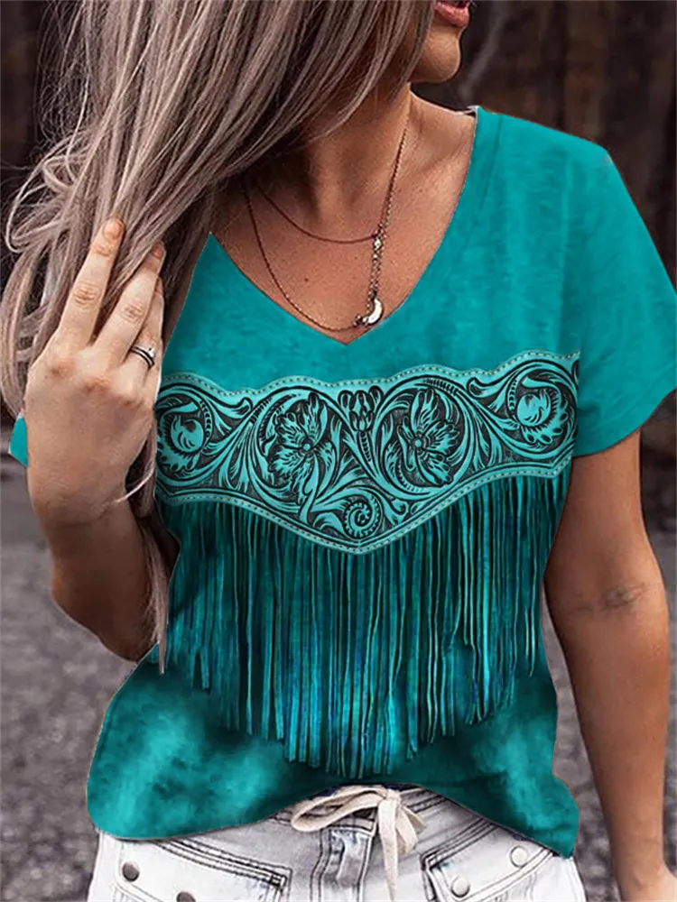 Western Floral Tassels Leather Art V Neck T Shirt