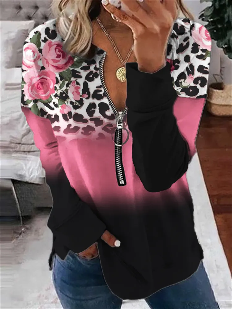 Roses Leopard Gradient Colorblock Zip Up Sweatshirt