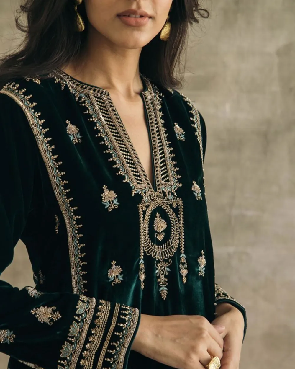 Silk Velvet Embroidered Mughal Kurta Set