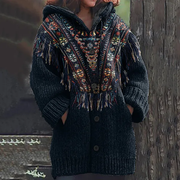 Women's Western Tribal Cozy Hooded Cardigan