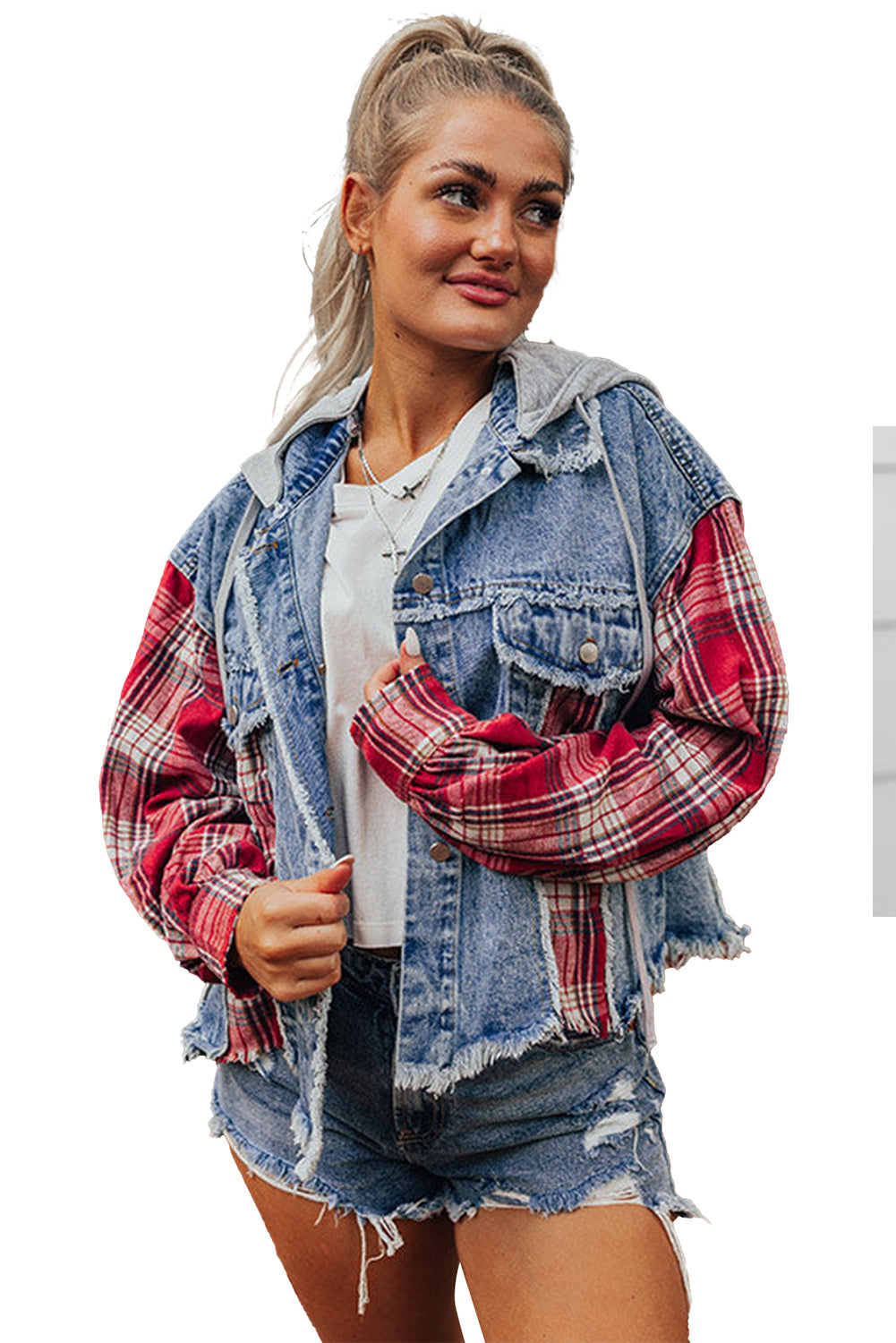 Beau Blue Plaid Print Patchwork Hooded Raw Hem Denim Jacket