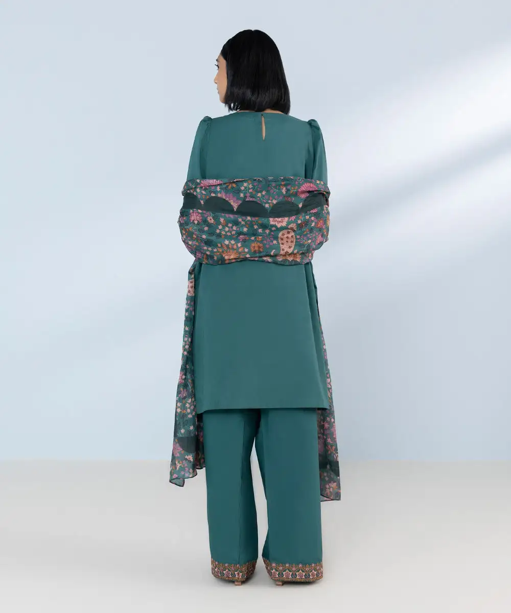 3 Piece - Embroidered Cotton Satin Suit