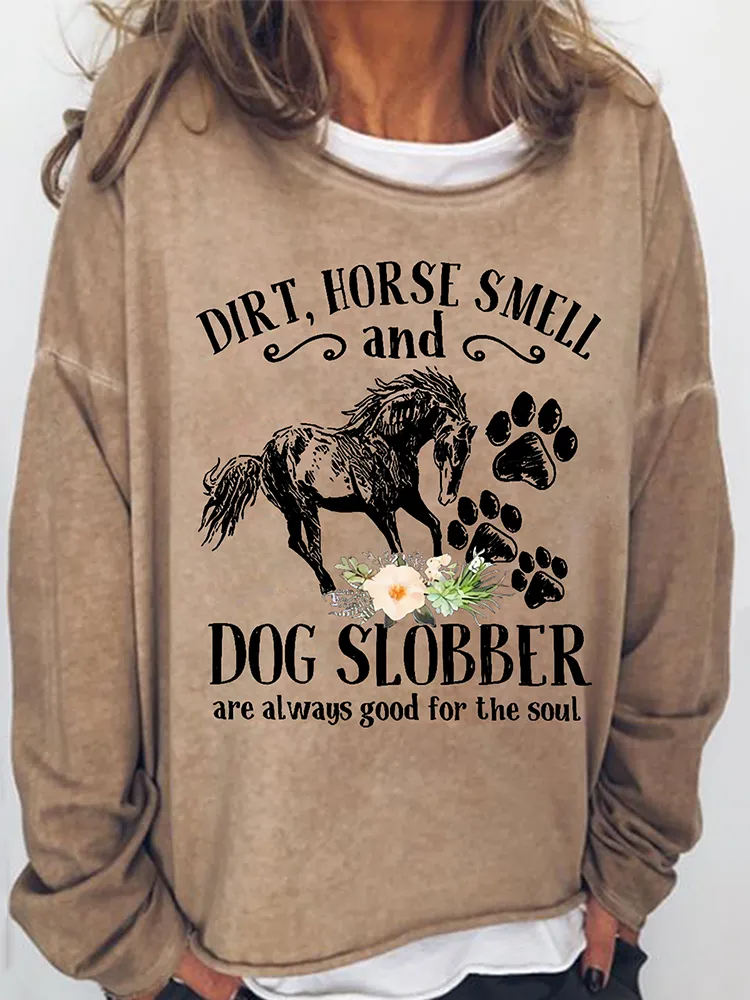 Women'S Cute Horse Floral Crew Neck Loose Sweatshirt