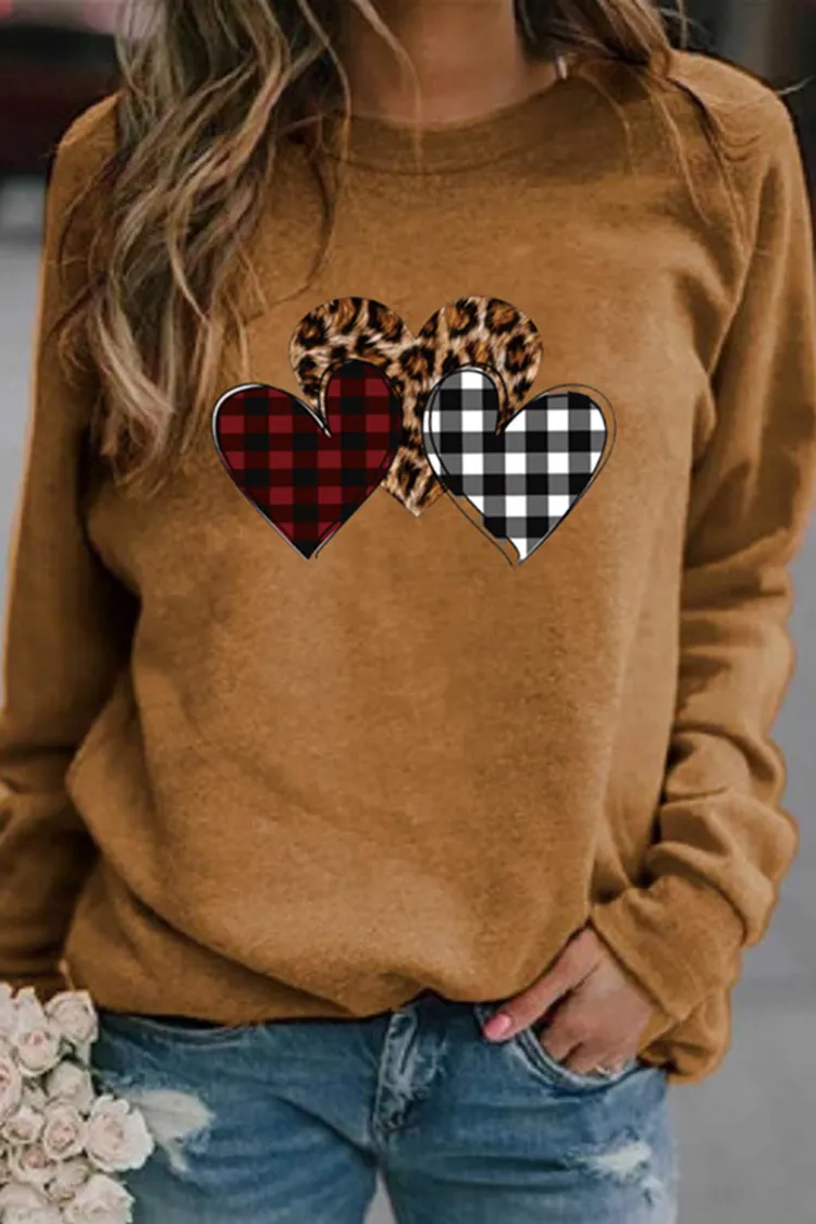 Casual Check Heart Print Sweatshirt