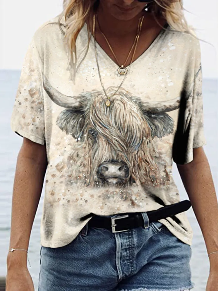 Vintage Western Cow Print V Neck Casual T-Shirt