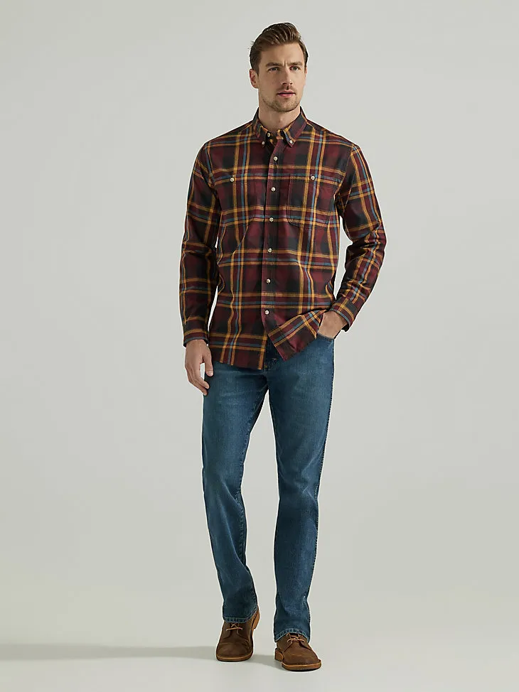 WRANGLER RUGGED WEAR® LONG SLEEVE EASY CARE PLAID BUTTON-DOWN SHIRT IN GREEN NAVY