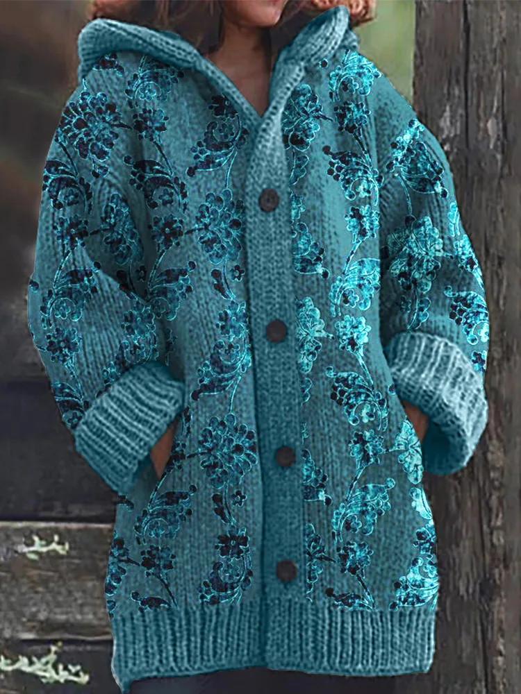 Turquoise Floral Velvet Art Cozy Hooded Cardigan