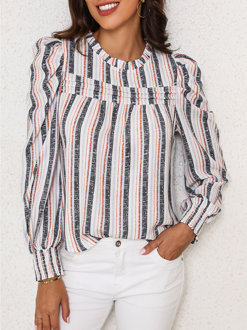 STRIPED SHIRRED ROUND NECK SHEATH CASUAL BOHO BLOUSE