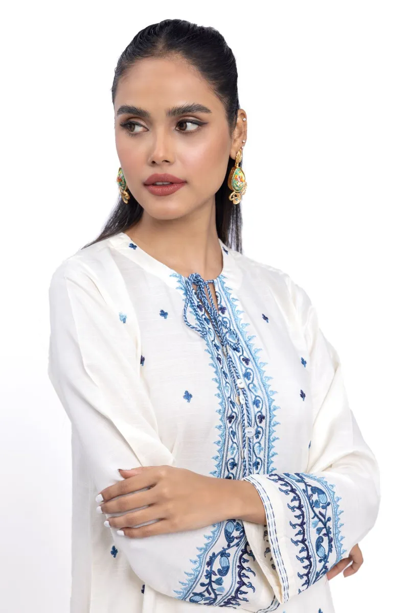 2 Piece Kurta | Embroidered & Pants | White and blue