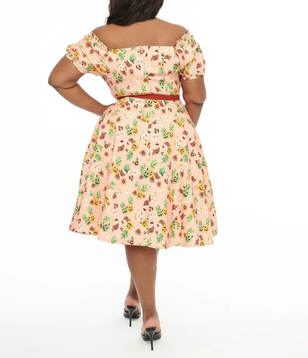 Unique Vintage Plus Size 1950s Pink Jack-O-Lantern Fruit Ohara Swing Dress