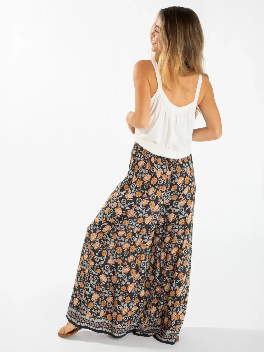 Go With The Flow Wide Leg Pant - Charcoal Light Blue Floral Border