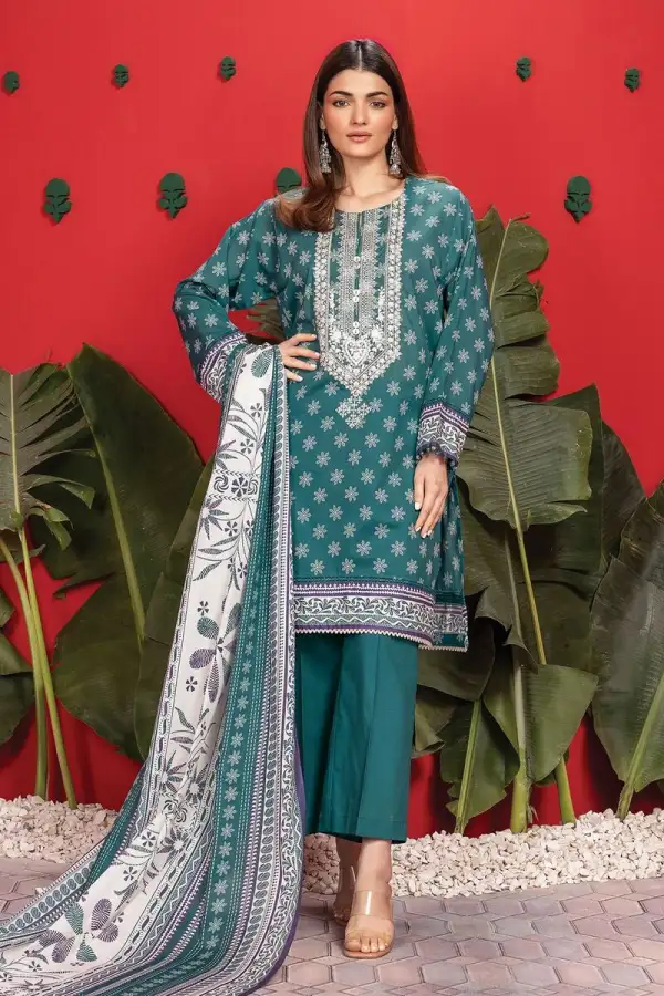 3 Piece Kurta Embroidered | Dupatta& Bottom & Tops | Color dark green