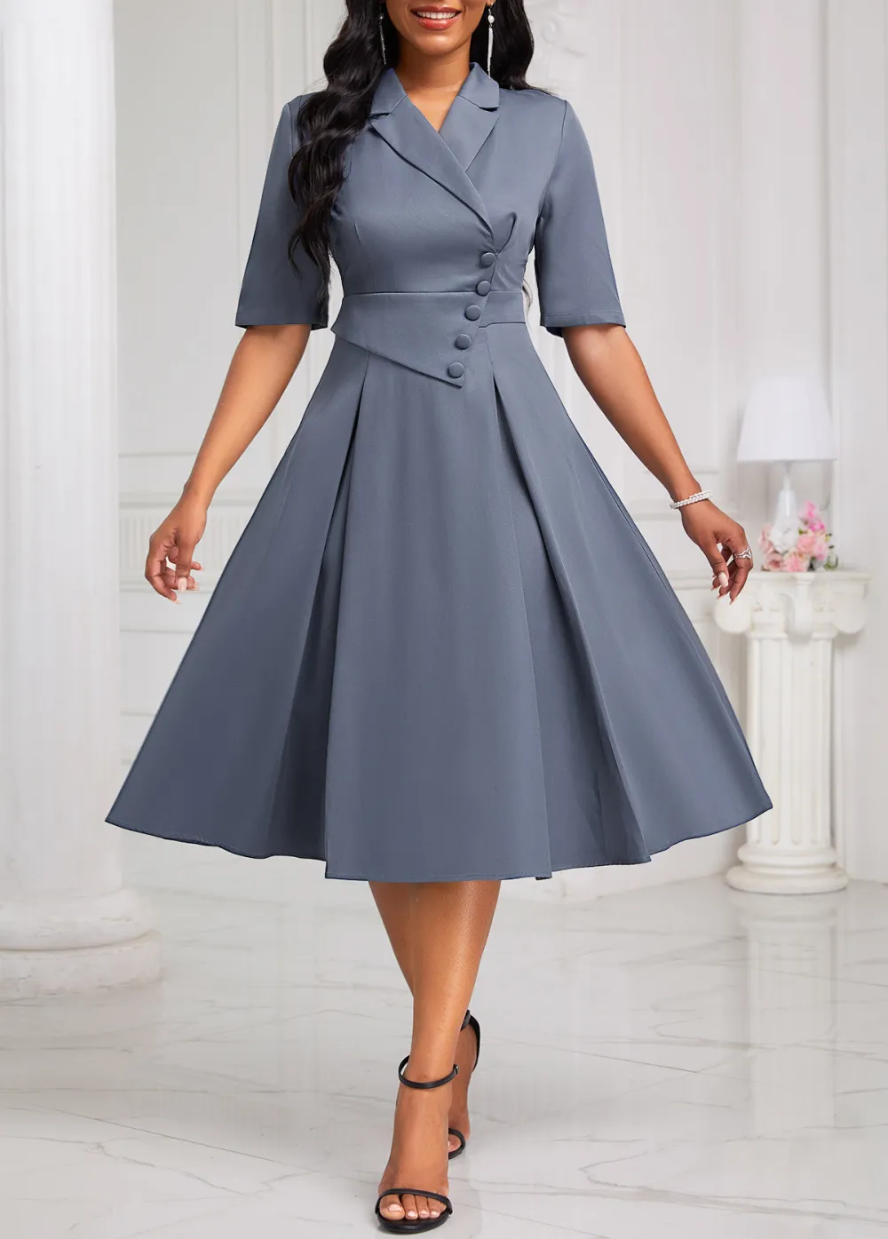 Dusty Blue Lapel Half Sleeve Asymmetry Dress