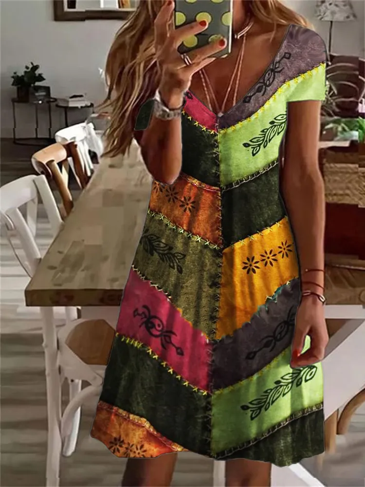 Ethnic Hippie Patchwork Art V Neck Midi Dress