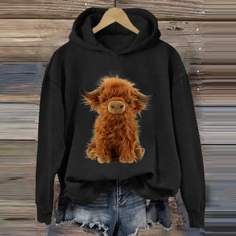 Women's Felt Highland Cow Print Vintage Hoodie