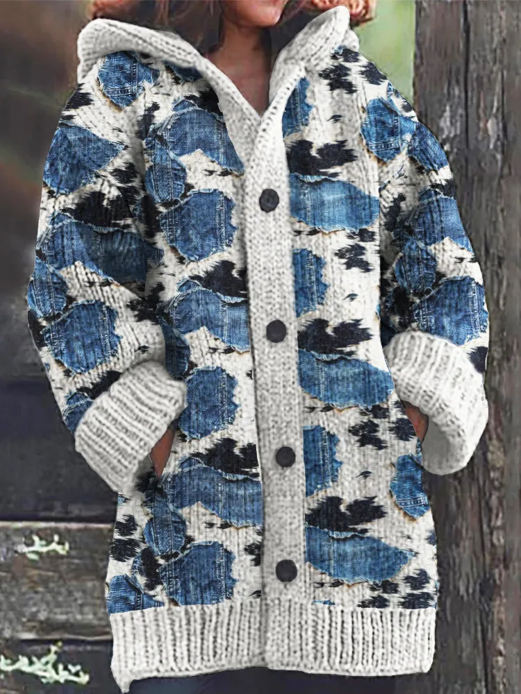 Denim & Animal Fur Patchwork Women's Hooded Cozy Cardigan