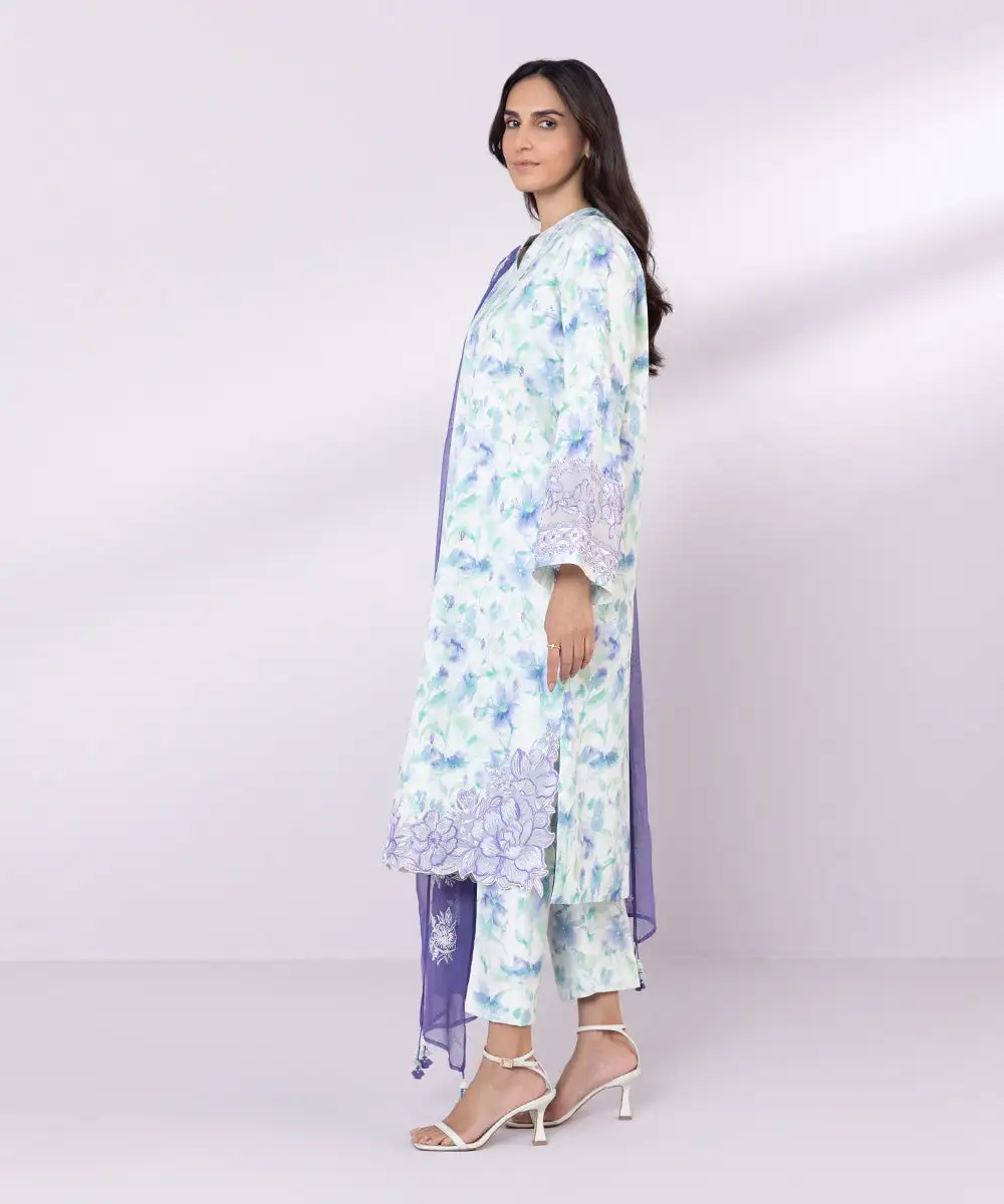 3 Piece - Embroidered Cotton Satin Suit