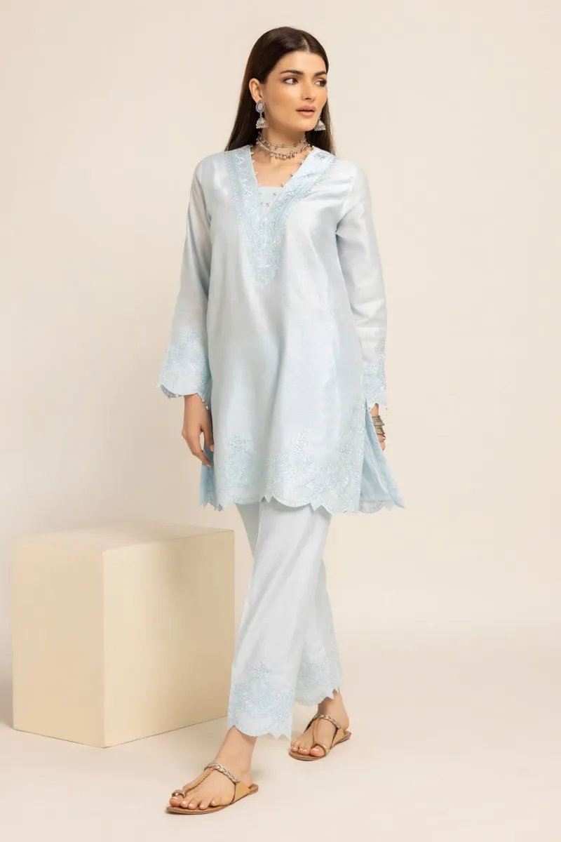 2 Piece Kurta | Embroidered & Pants | Light Blue