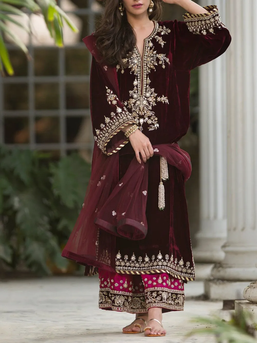 Burgundy embroidered velvet suit