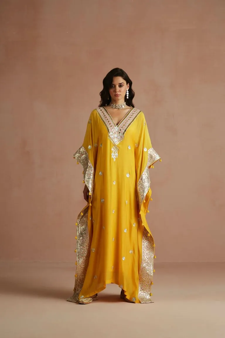 Yellow Gota Embroidered Kaftan