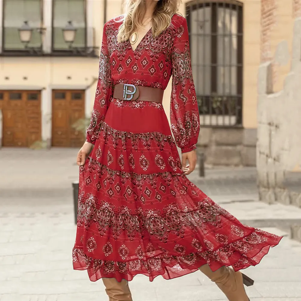 Baroque Print V-Neck Long Sleeved Midi Dress