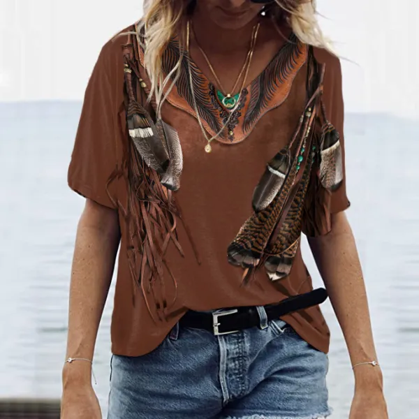 Vintage Western Print V-Neck Short Sleeved T-Shirt