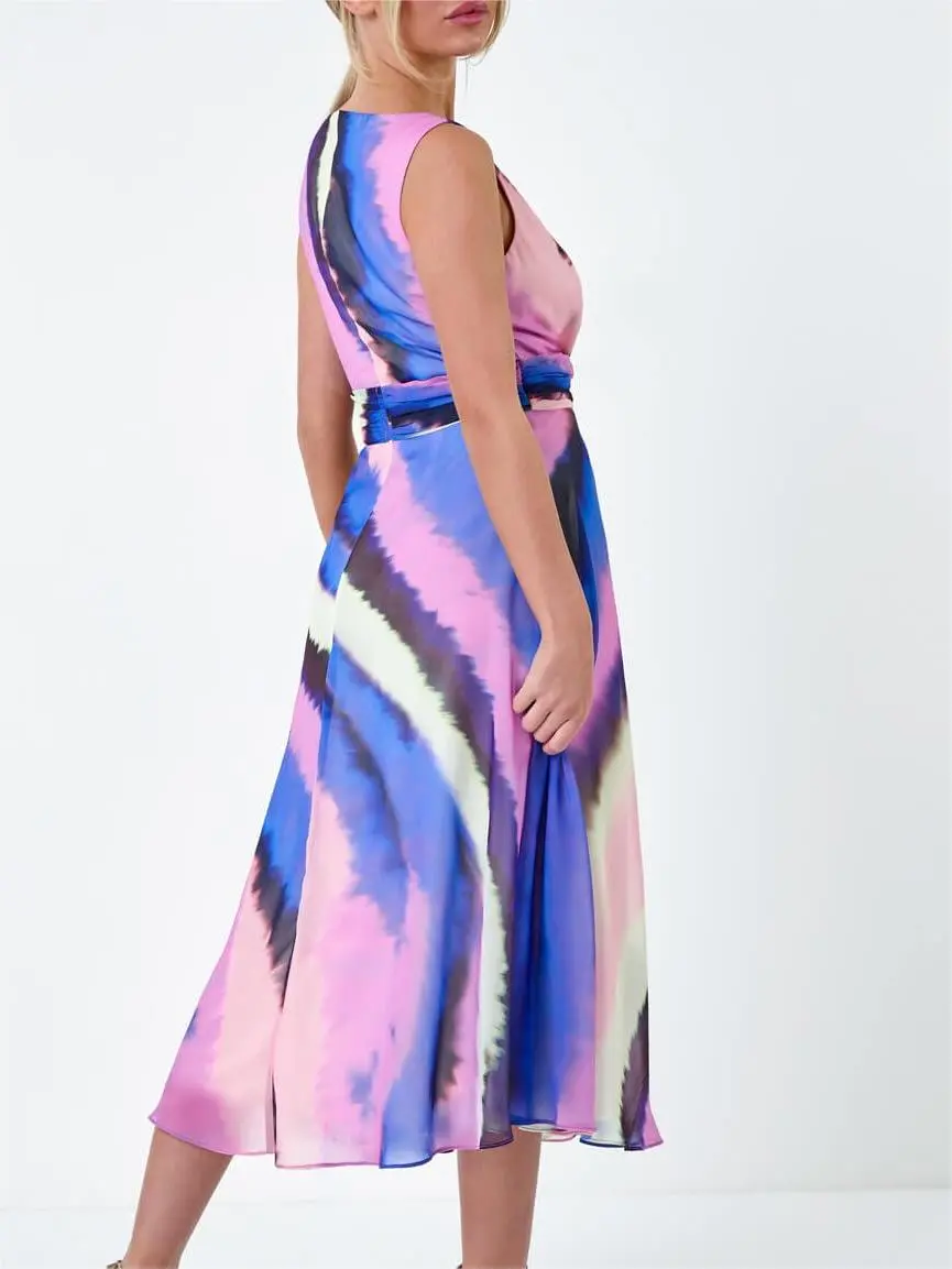 Purple Sleeveless Abstract Print Midi Dress