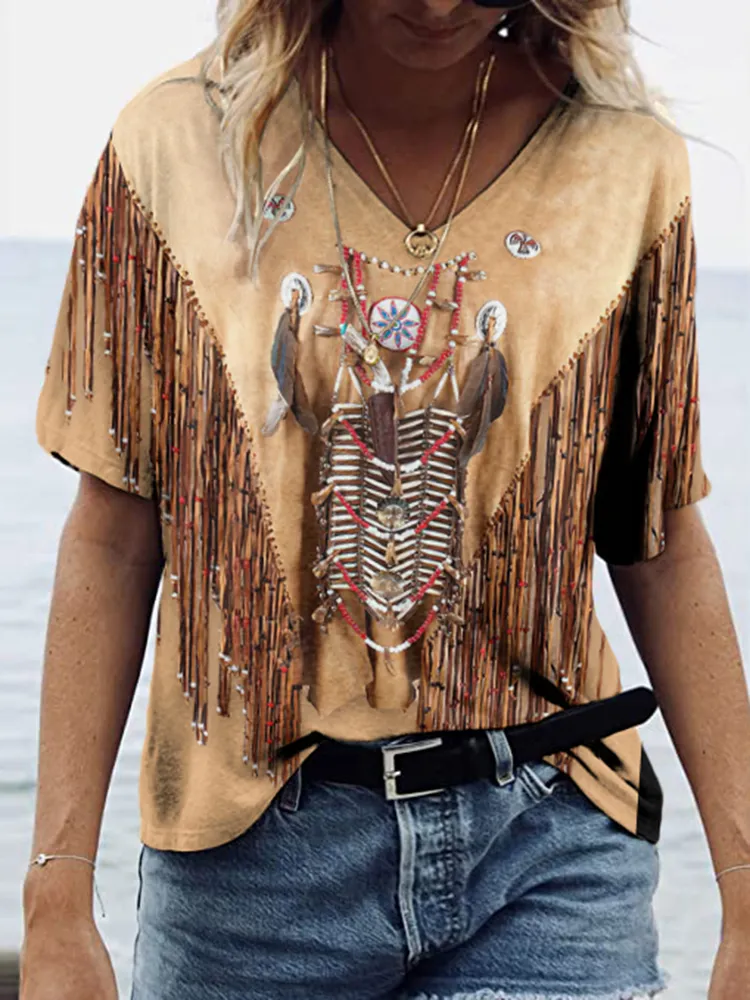 Western Vintage Tassels Art V Neck Casual T-Shirt