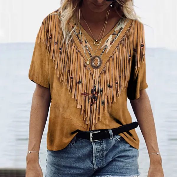 Women's Vintage Tassels Art V Neck Casual T-Shirt