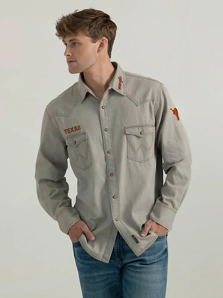 MEN'S WRANGLER COLLEGIATE COWBOY CUT WESTERN SNAP SHIRT IN UNIVERSITY OF TEXAS