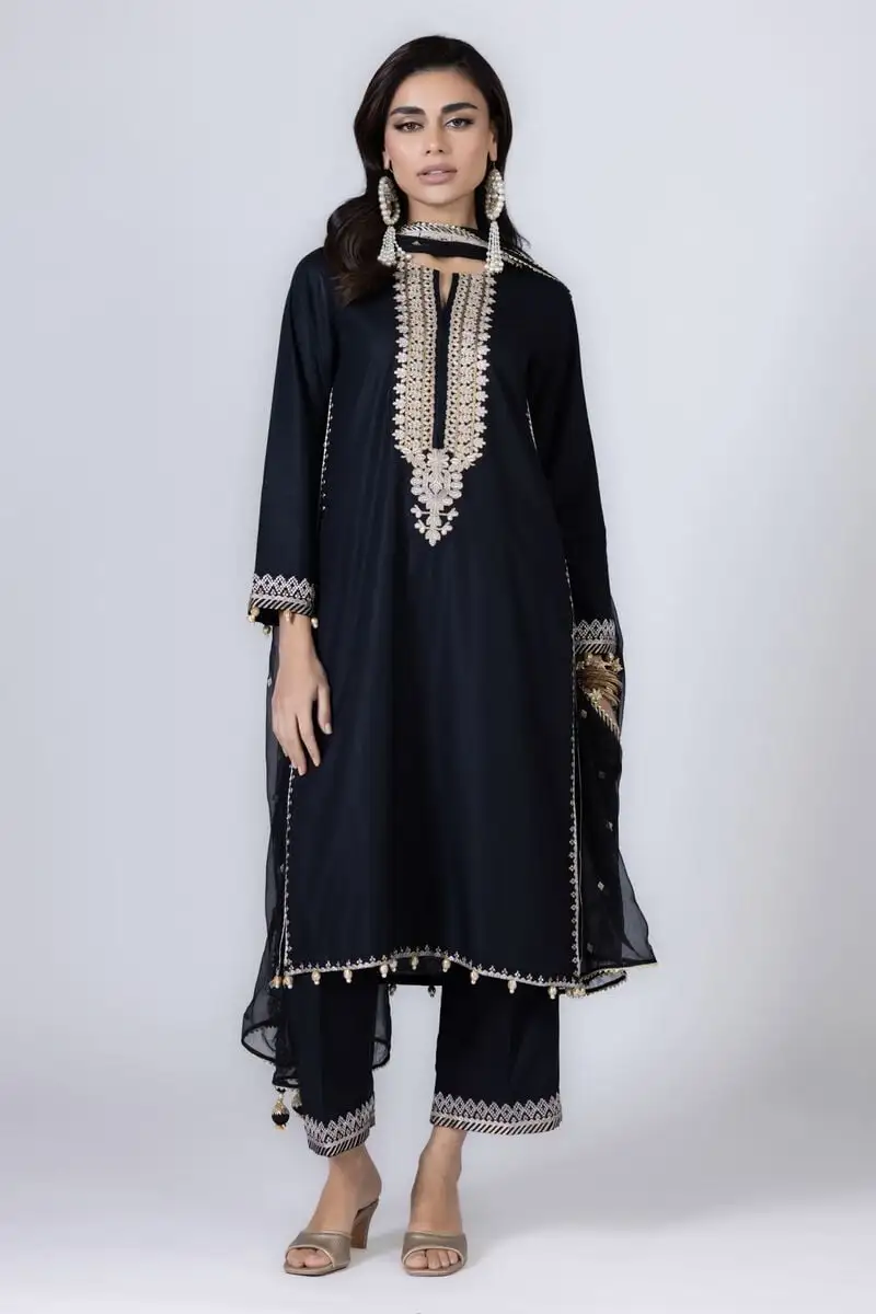 3 Piece Kurta Embroidered | Dupatta& Bottom & Tops | Color Black