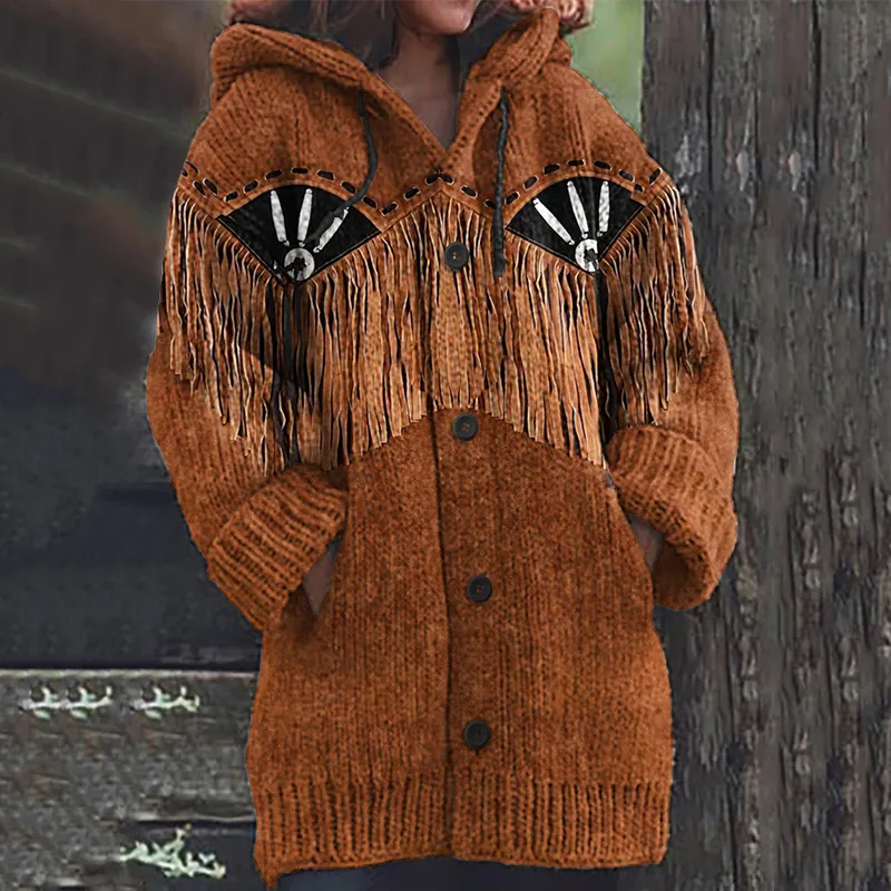 Vintage Western Fringed Print Knitted Hooded Cardigan