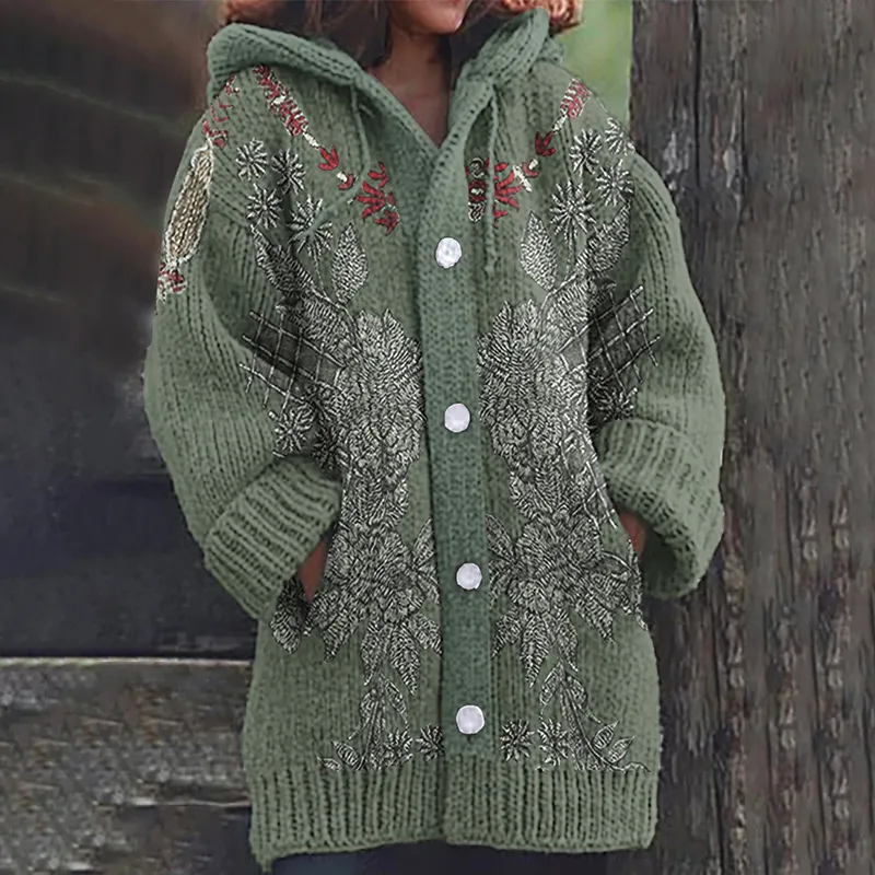 Women's Western Tribal Floral Cozy Hooded Cardigan