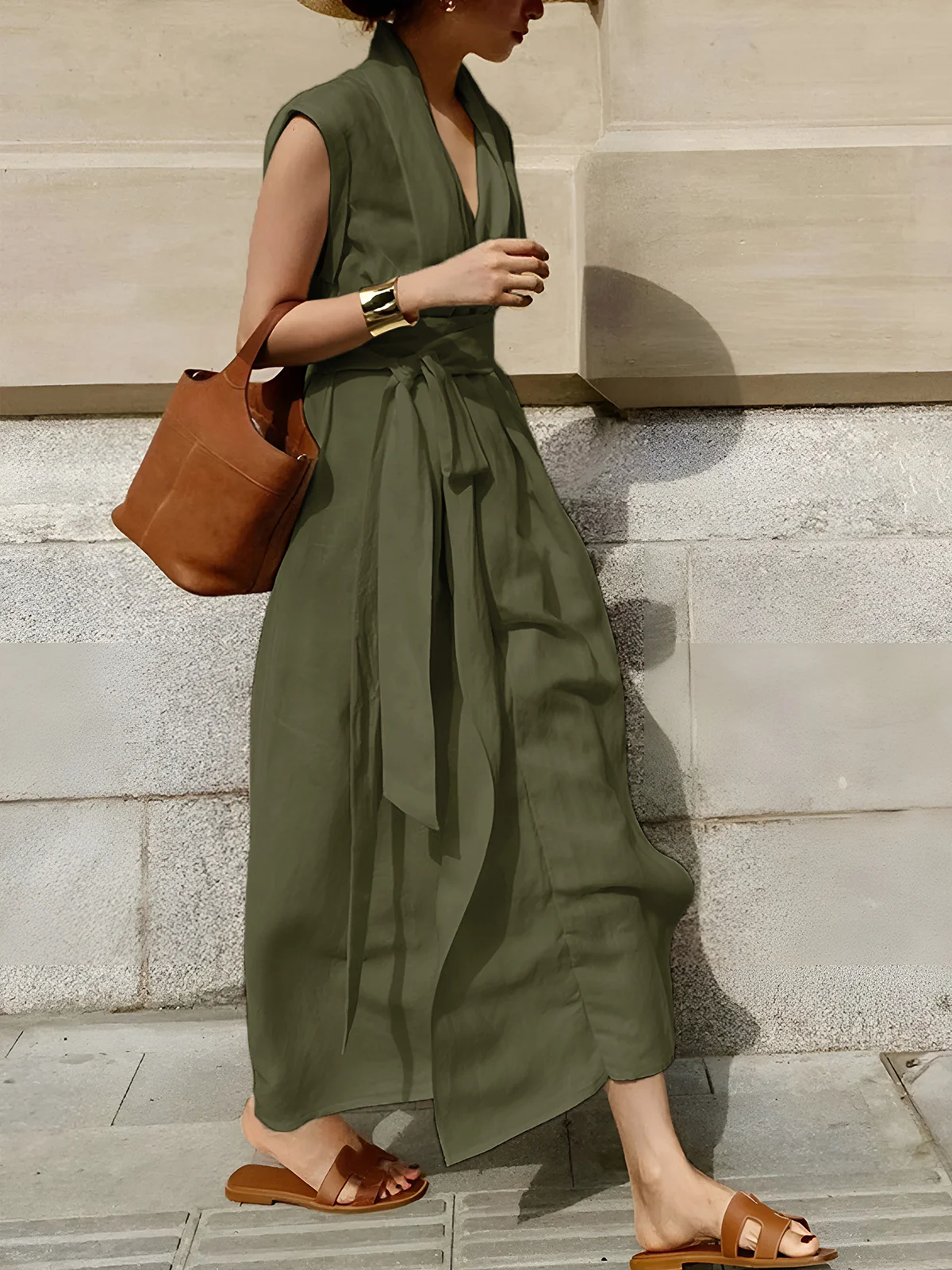 Cotton & Linen Belted Sleeveless Long Dress