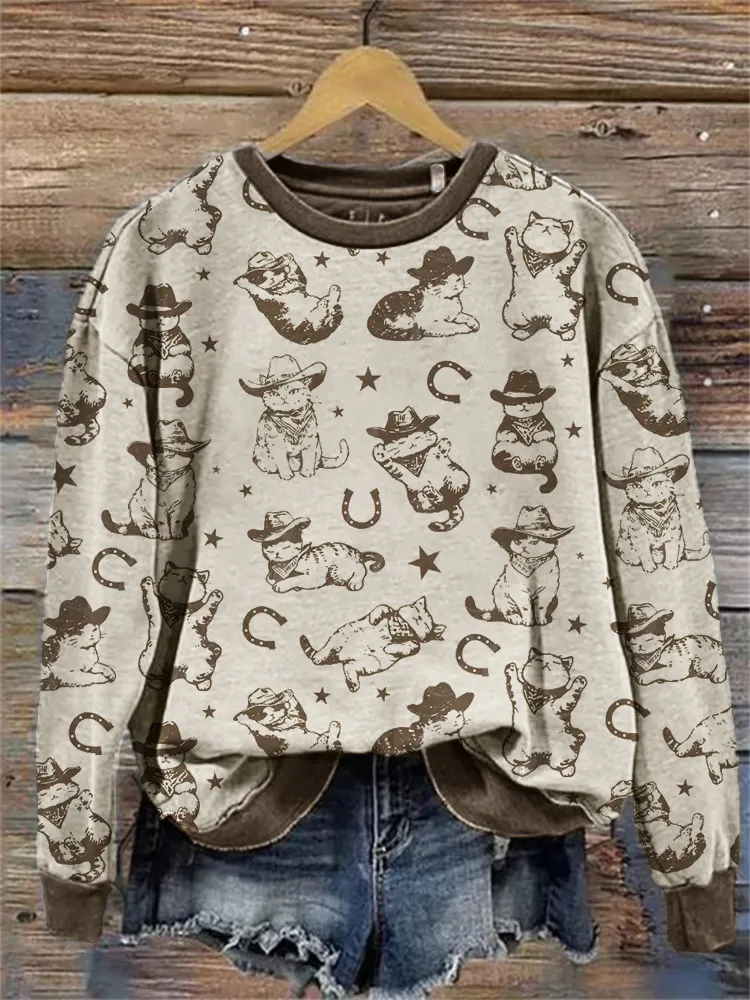 Western Cowboy Cats Pattern Comfy Sweatshirt