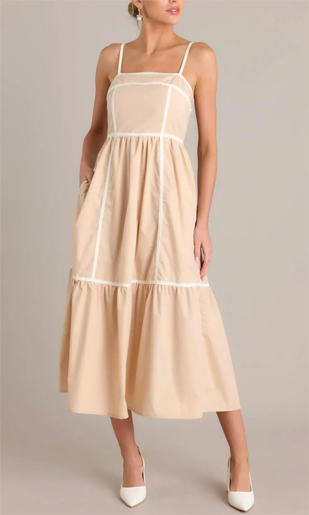 TIMELESS CHARM BEIGE SQUARE NECK MAXI DRESS