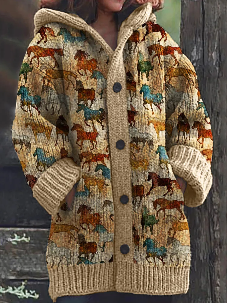 Colorful Horses Pattern Cozy Knit Hooded Cardigan