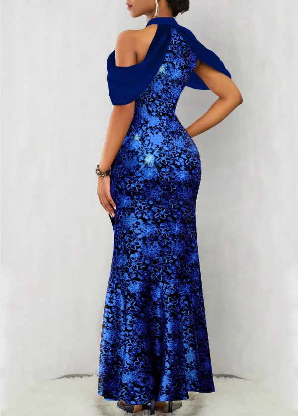 Floral Print Hot Stamping Sapphire Blue Maxi Dress