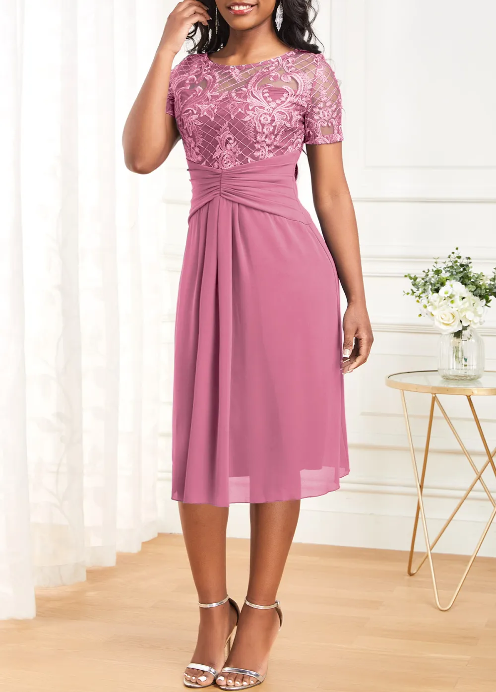 Lace Patchwork Pink Boat Neck Dress