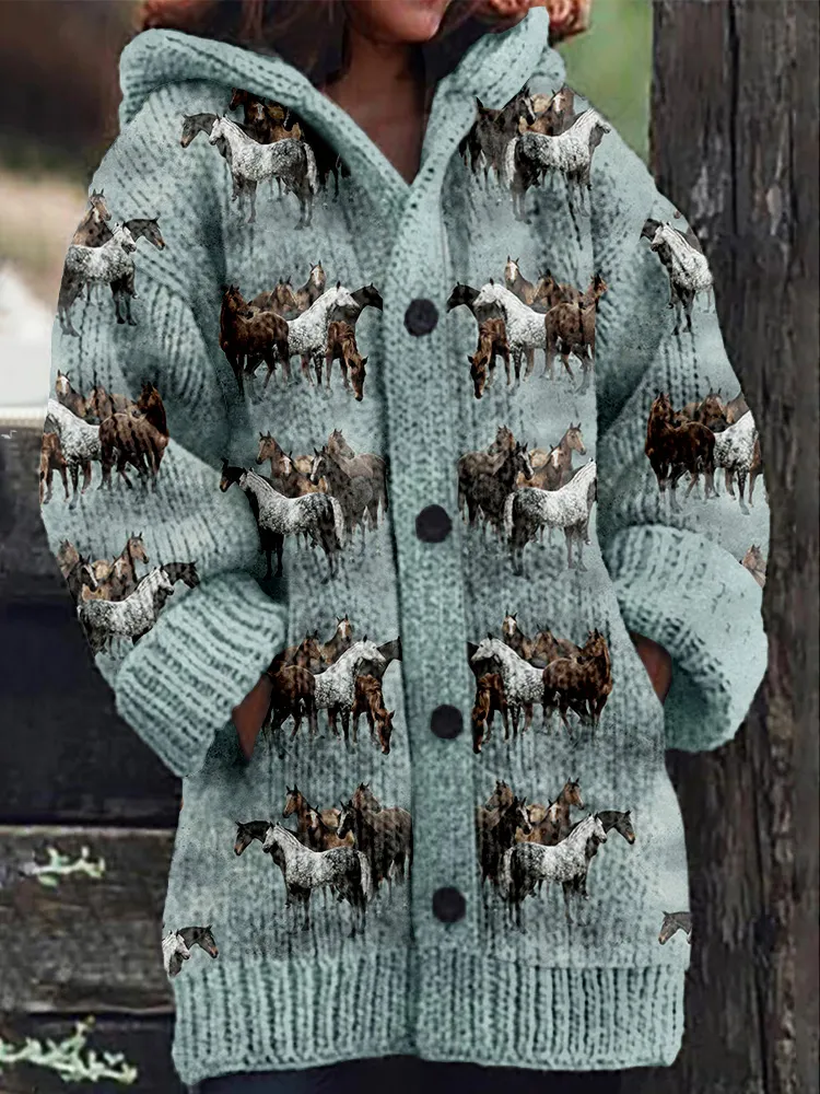 Western Wild Horses Pattern Vintage Cozy Hooded Cardigan