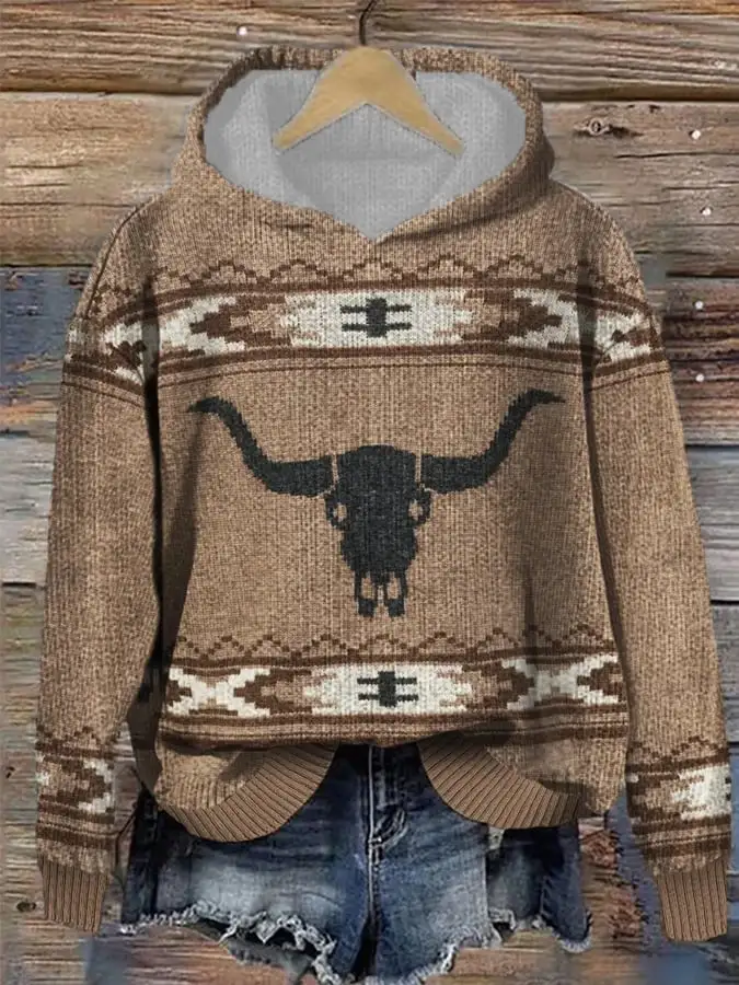 🔥Buy 3 Get 10% Off🔥Women's Western Bull Skull Aztec Cozy  Print Hoodie