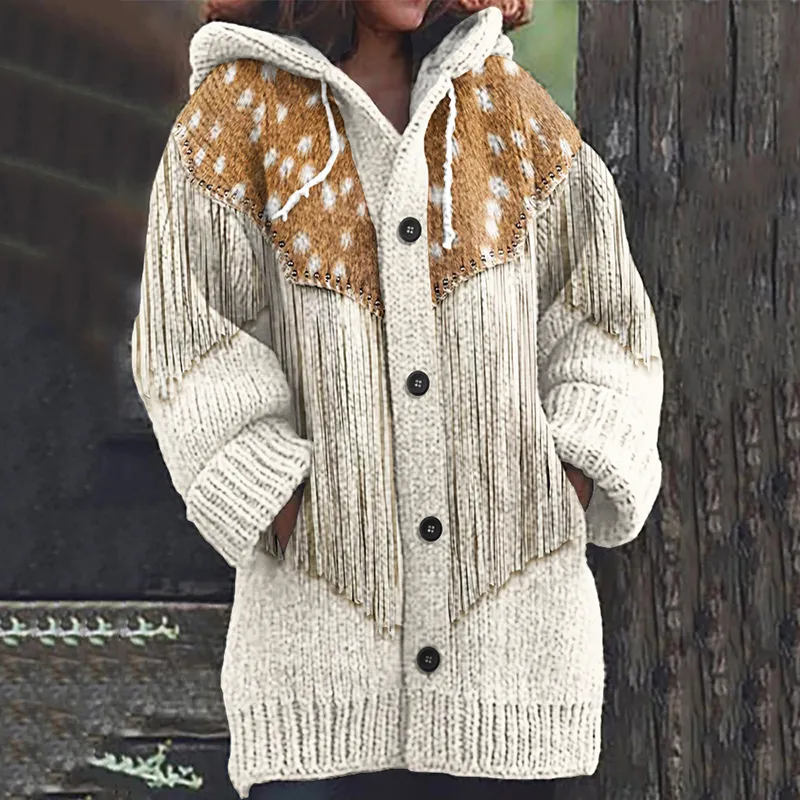 Western Fringed Print Long Sleeved Knitted Hooded Cardigan