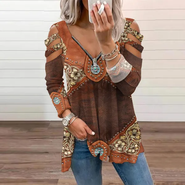 Western Floral Tribal Printed Zip Up T Shirt