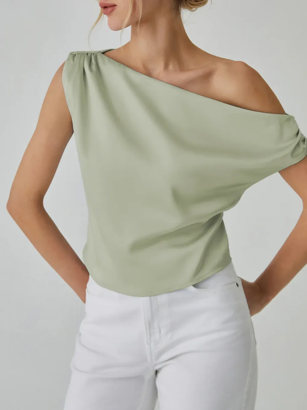 One Shoulder Off Knotted Blouse