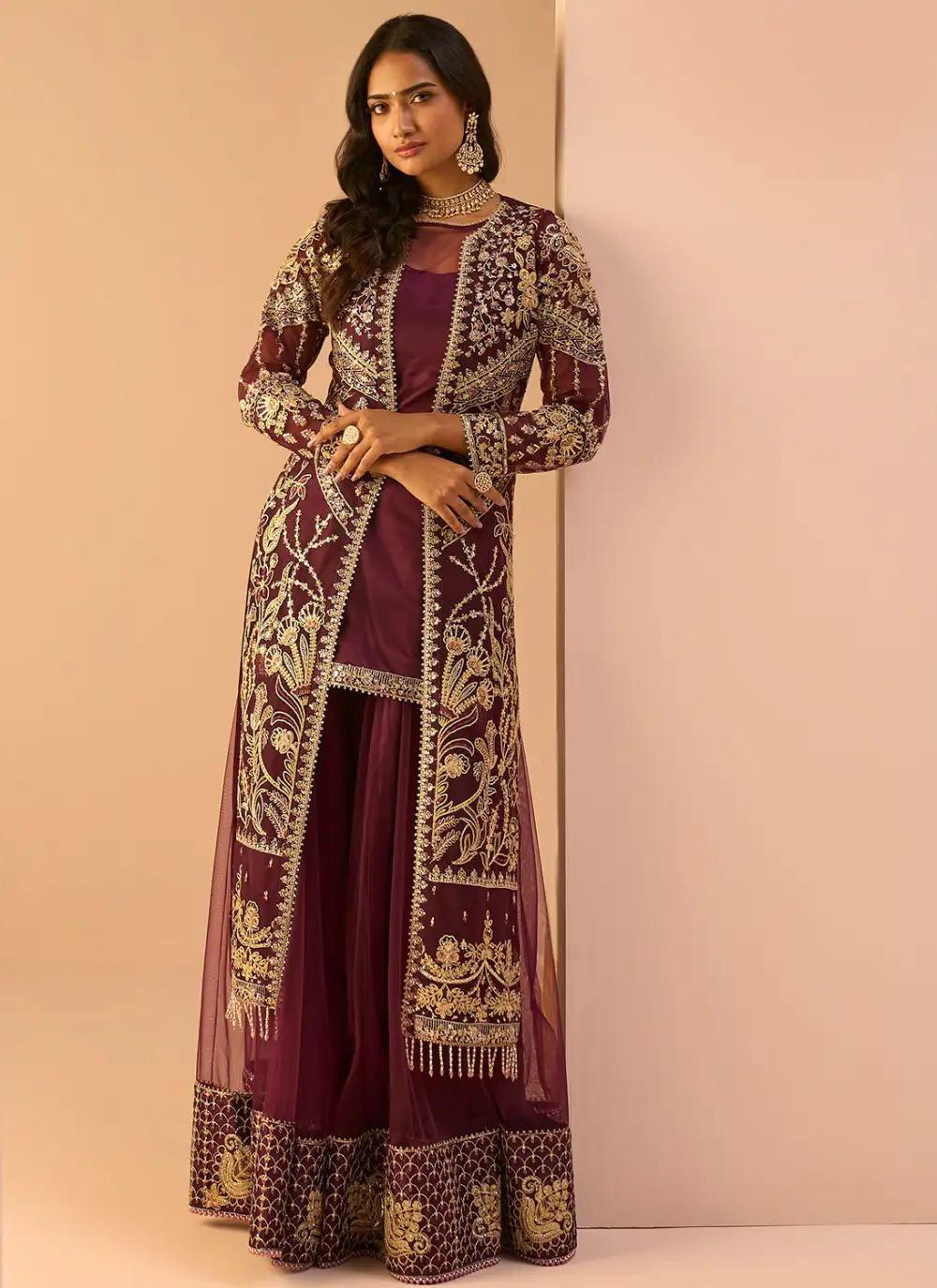 Wine Embroidered Sharara Suit