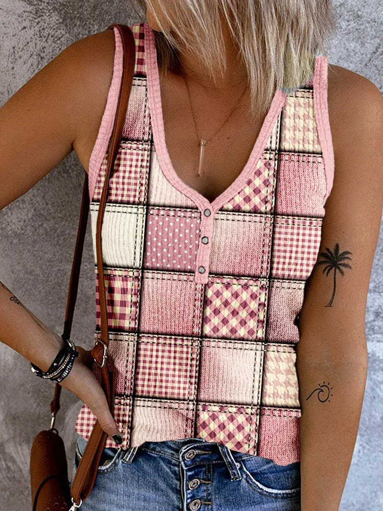 Denim Patchwork Pattern Button Up Tank Top