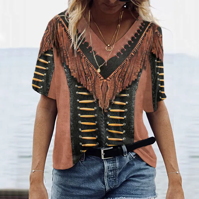 Western Fringe Print V-Neck Short Sleeve T-Shirt