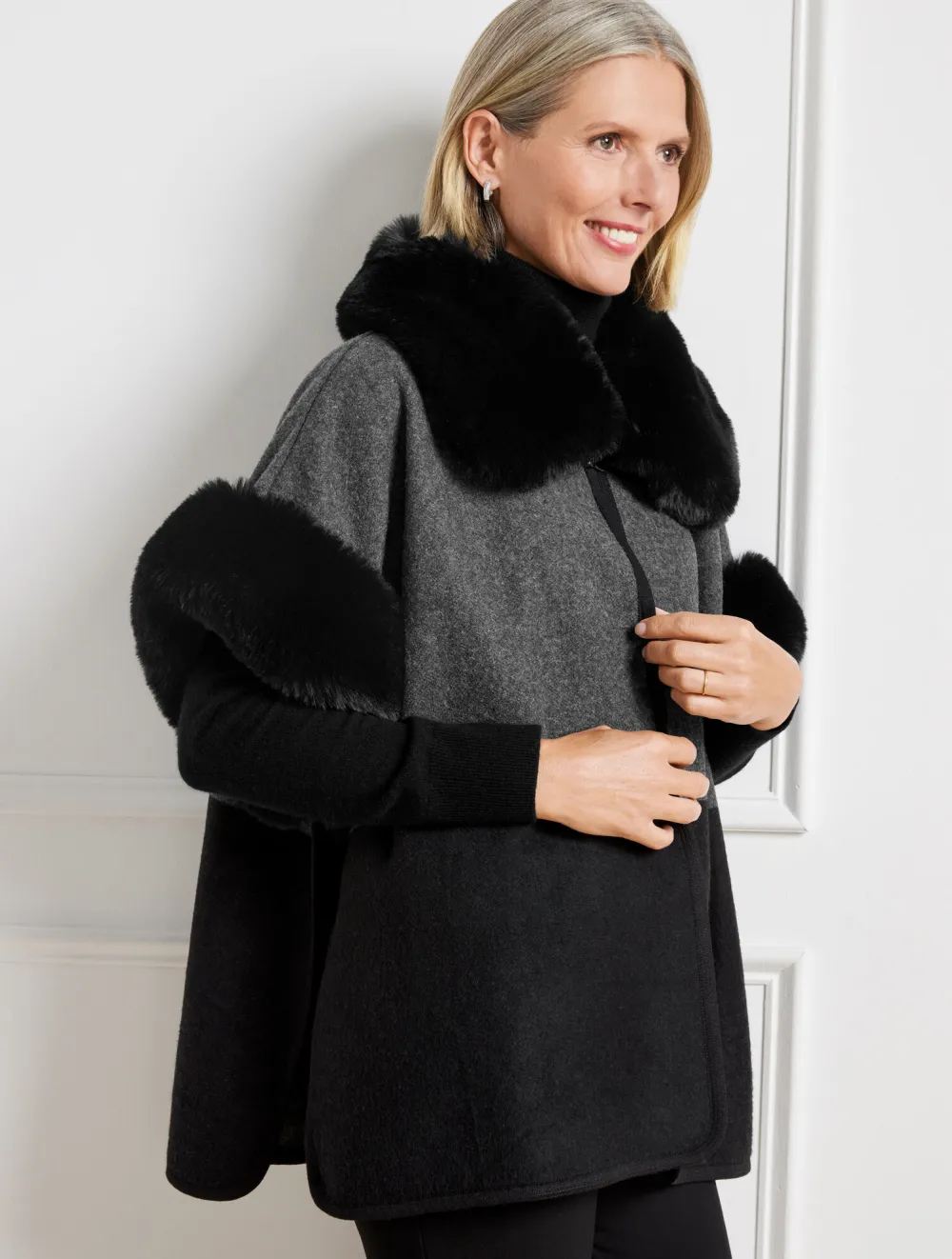 Faux Fur Trim Cape - Colorblock