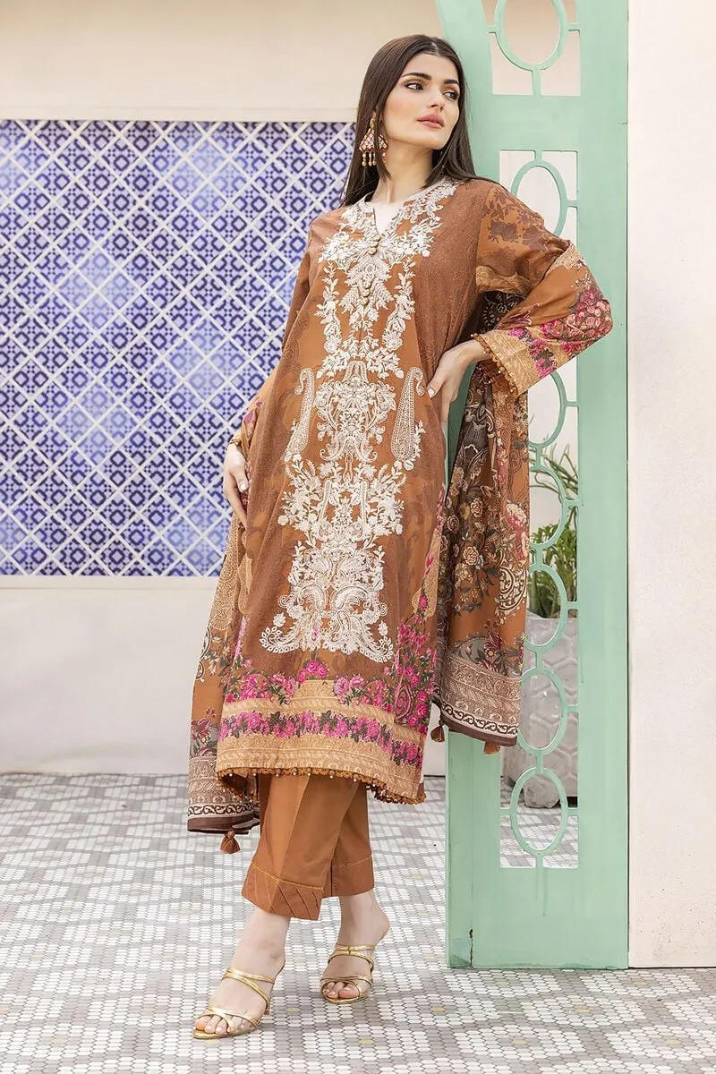 3 Piece Kurta Embroidered | Dupatta& Bottom & Tops | Color Brown